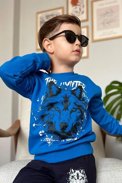 Erkek Çocuk The Hunter Yazı ve Kurt Detaylı Mavi Eşofman Takım - Resim 3