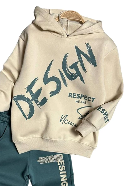Erkek Çocuk Çift Baskılı Respect Design Yazı Şardonlu Yeşil Eşofman Takım - 4