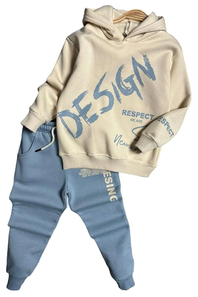 Erkek Çocuk Çift Baskılı Respect Design Yazı Şardonlu Buz Mavisi Eşofman Takım - 3
