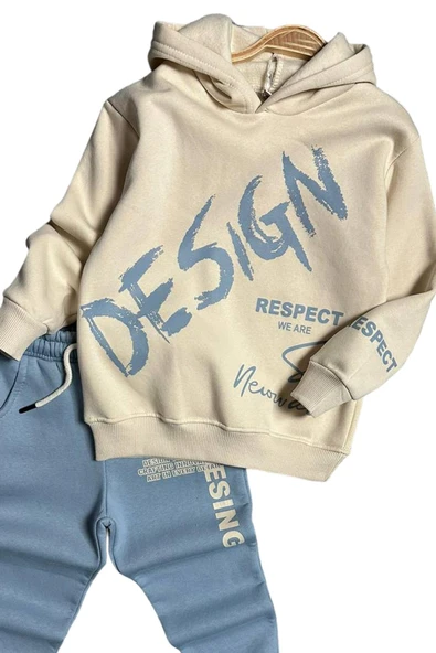 Erkek Çocuk Çift Baskılı Respect Design Yazı Şardonlu Buz Mavisi Eşofman Takım - 4