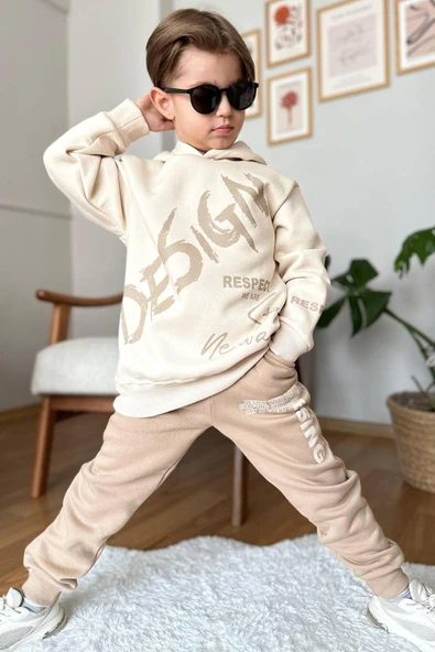 Erkek Çocuk Çift Baskılı Respect Design Yazı Şardonlu Krem Eşofman Takım - 1