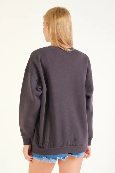 Kadın Kalp Nakışlı 3 İp Şardonlu Oversize Sweatshirt Füme - 6
