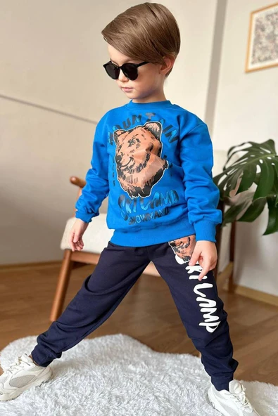 Erkek Çocuk Digital Ayı ve Mountain Yazı Baskılı Mavi Eşofman Takım ürün görseli