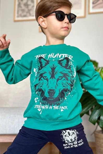 Erkek Çocuk The Hunter Yazı ve Kurt Detaylı Yeşil Eşofman Takım - 2