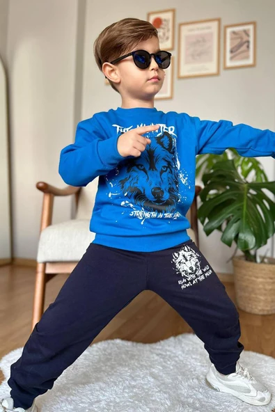 Erkek Çocuk The Hunter Yazı ve Kurt Detaylı Mavi Eşofman Takım ürün görseli