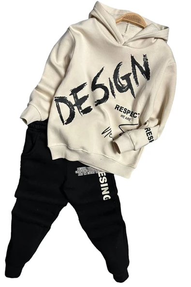 Erkek Çocuk Çift Baskılı Respect Design Yazı Şardonlu Siyah Alt Eşofman Takım - 3