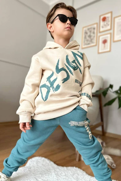 Erkek Çocuk Çift Baskılı Respect Design Yazı Şardonlu Yeşil Eşofman Takım - 2