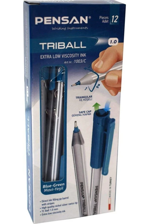 Pensan Yeşil Triball Tükenmez Kalem Triball 1.0 Mm Bilye Uç Mavi Yeşil (12 Li Paket)