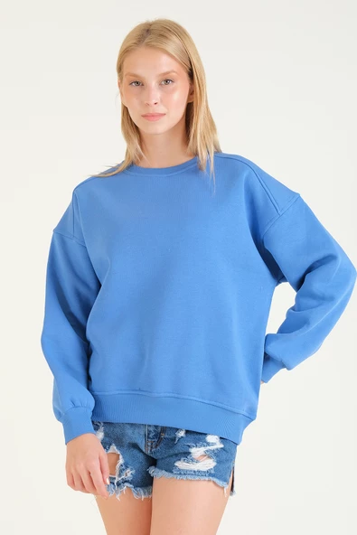 Kadın 3 İp Şardonlu Sıfır Yaka Oversize Sweatshirt Mavi - 5