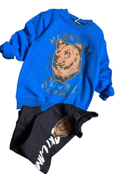 Erkek Çocuk Digital Ayı ve Mountain Yazı Baskılı Mavi Eşofman Takım - Resim 4
