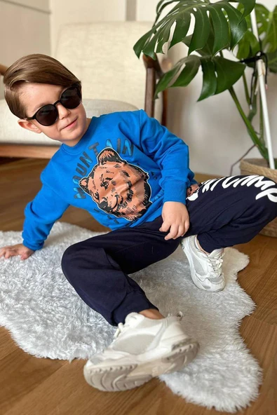 Erkek Çocuk Digital Ayı ve Mountain Yazı Baskılı Mavi Eşofman Takım - Resim 2