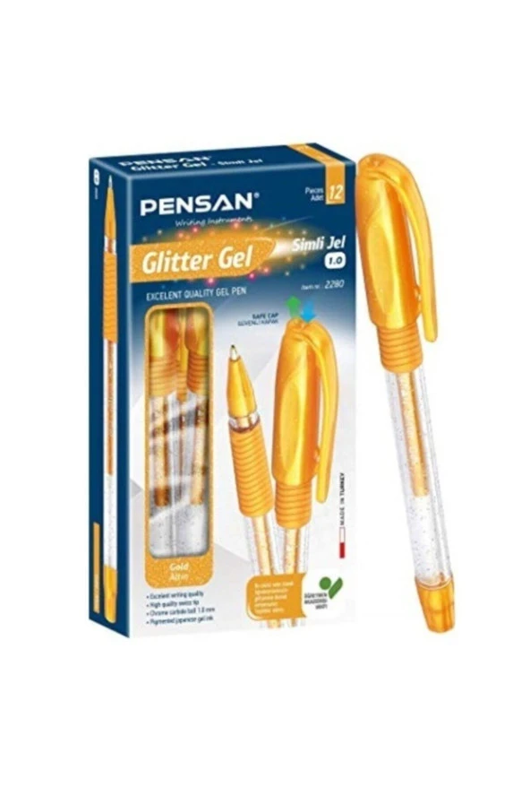 Pensan Altın Sarısı Simli Jel Tükenmez Kalem Jel Simli 1.0 MM Altın (12 Li Paket)
