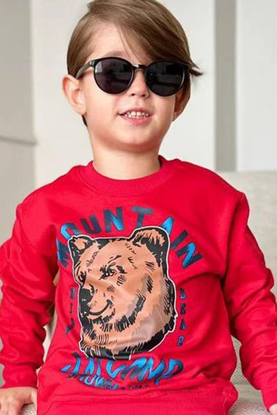 Erkek Çocuk Digital Ayı ve Mountain Yazı Baskılı Kırmızı Eşofman Takım - Resim 3