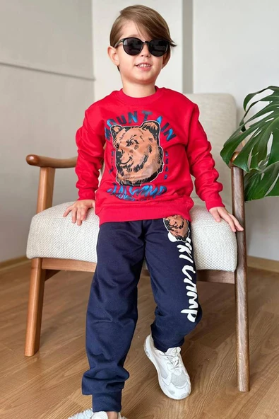 Erkek Çocuk Digital Ayı ve Mountain Yazı Baskılı Kırmızı Eşofman Takım ürün görseli