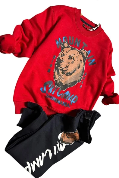 Erkek Çocuk Digital Ayı ve Mountain Yazı Baskılı Kırmızı Eşofman Takım - Resim 4