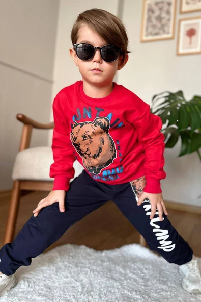 Erkek Çocuk Digital Ayı ve Mountain Yazı Baskılı Kırmızı Eşofman Takım - Resim 2