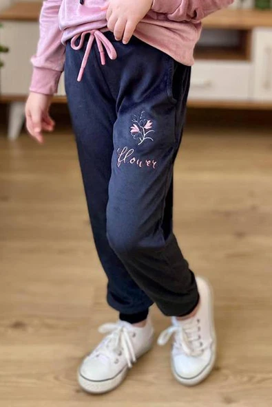 Kız Çocuk Buket Çiçek İşlemeli Kadife Sweatshirt Eşofman Altı Gül Kurusu Eşofman Takım - 3