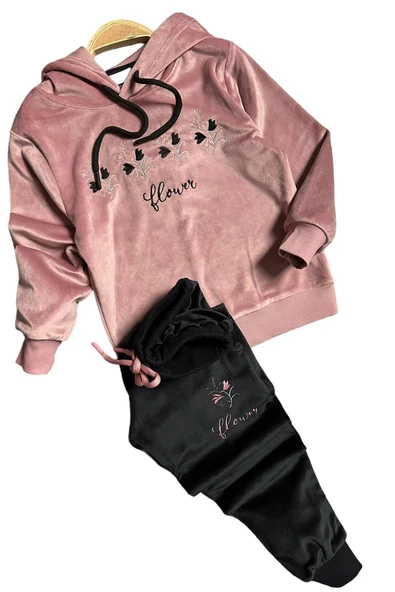 Kız Çocuk Buket Çiçek İşlemeli Kadife Sweatshirt Eşofman Altı Gül Kurusu Eşofman Takım - 4