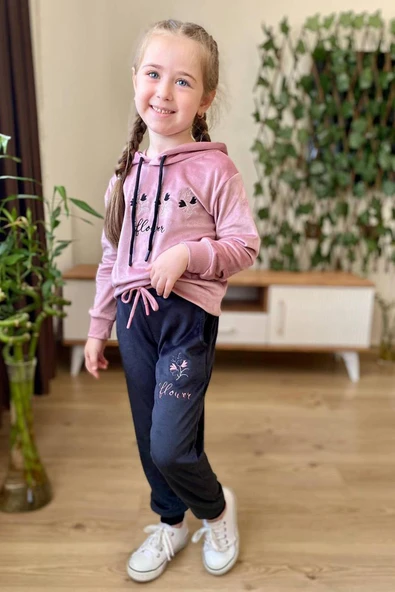 Kız Çocuk Buket Çiçek İşlemeli Kadife Sweatshirt Eşofman Altı Gül Kurusu Eşofman Takım - 1