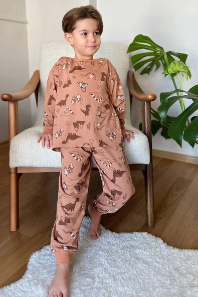 Erkek Çocuk Dinazor ve Ejder Baskılı Kahverengi Pijama Takım - 1