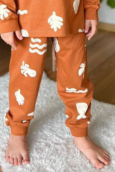 Erkek Çocuk Güneş ve Palmiye Emoji Baskılı Kiremit Pijama Takım - 3