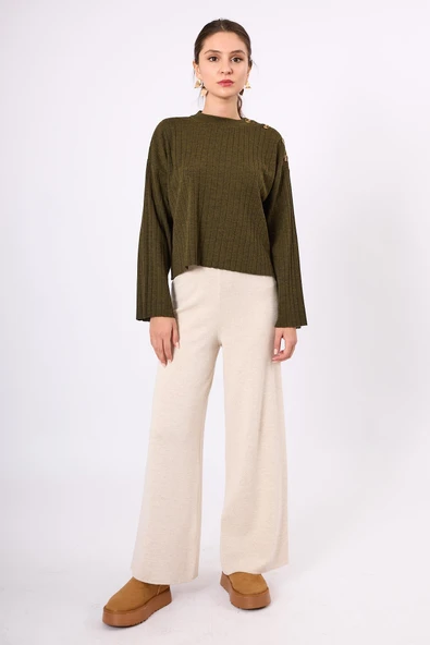 Peraluna Molly Omuzu Düğmeli Kadın Triko Kazak - Koyu Yeşil Melanj - 7