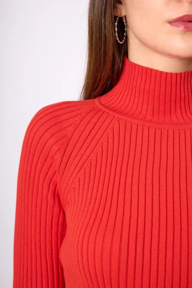 Peraluna Britta Rib Örgü Fit Kalıp Kadın Triko Kazak - Kırmızı - Resim 4