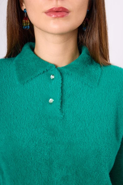 Peraluna Lucy Krop Kesim Polo Yaka Kadın Triko Bluz - Koyu Yeşil - Resim 5