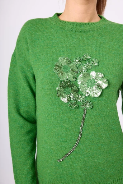 Peraluna Lorna Boncuk İşlemeli Kadın Triko Kazak - Açık Yeşil - Resim 3