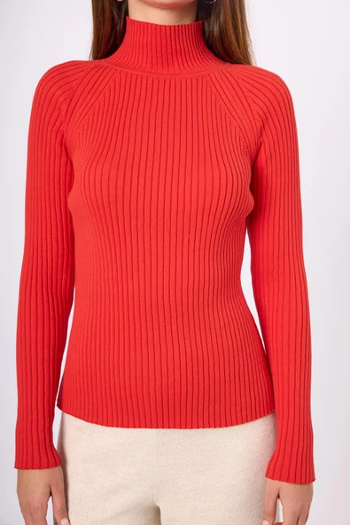 Peraluna Britta Rib Örgü Fit Kalıp Kadın Triko Kazak - Kırmızı - Resim 5