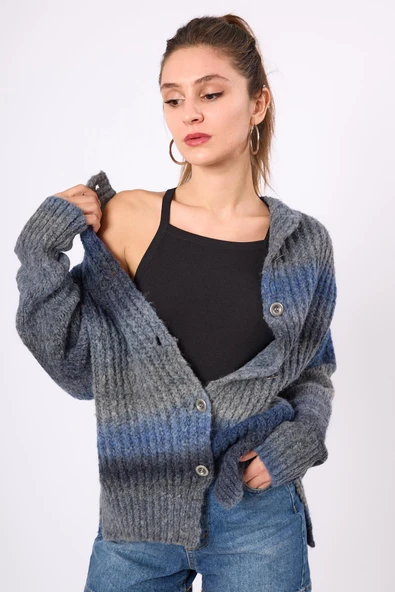 Peraluna Anabella Bol Kesim Kadın Triko Hırka - İndigo Melanj - 6