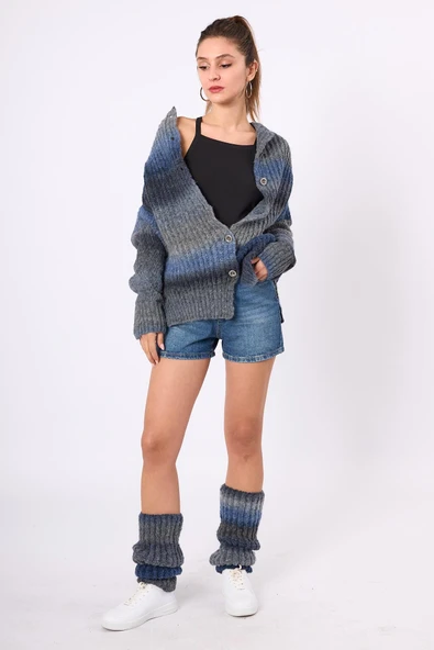 Peraluna Anabella Bol Kesim Kadın Triko Hırka - İndigo Melanj - 9