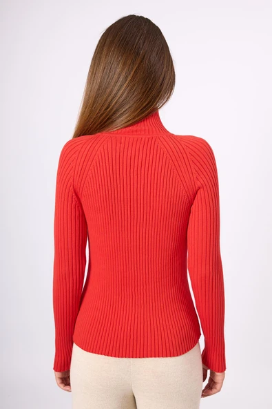 Peraluna Britta Rib Örgü Fit Kalıp Kadın Triko Kazak - Kırmızı - Resim 6