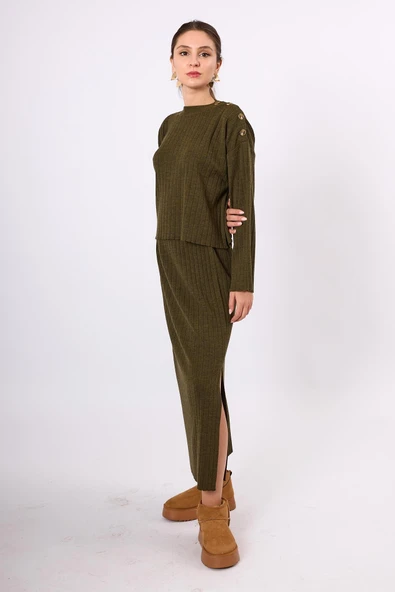 Peraluna Molly Omuzu Düğmeli Kadın Triko Kazak - Koyu Yeşil Melanj - 2