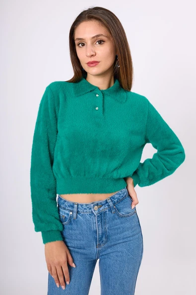 Peraluna Lucy Krop Kesim Polo Yaka Kadın Triko Bluz - Koyu Yeşil - Resim 2