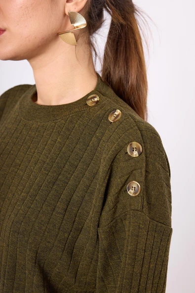 Peraluna Molly Omuzu Düğmeli Kadın Triko Kazak - Koyu Yeşil Melanj - 3