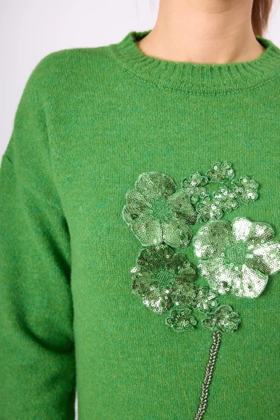 Peraluna Lorna Boncuk İşlemeli Kadın Triko Kazak - Açık Yeşil - Resim 4