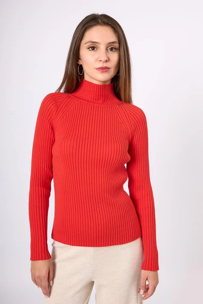 Peraluna Britta Rib Örgü Fit Kalıp Kadın Triko Kazak - Kırmızı - Resim 2