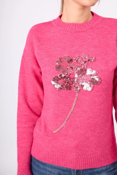 Peraluna Lorna Boncuk İşlemeli Kadın Triko Kazak - Fuşya - 4