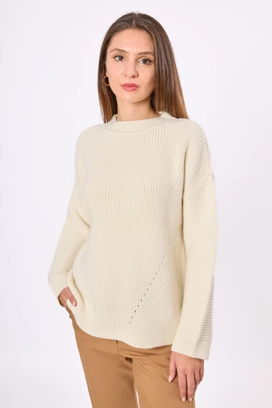 Peraluna Nikita Selanik Örgü Rahat Kesim Kadin Triko Kazak - Ekru - 6