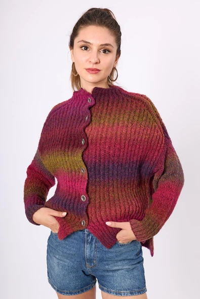 Peraluna Anabella Bol Kesim Kadın Triko Hırka - Bordo Melanj - Resim 2