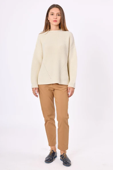 Peraluna Nikita Selanik Örgü Rahat Kesim Kadin Triko Kazak - Ekru - 7
