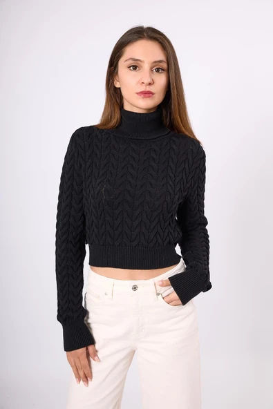 Peraluna Scarlett Saç Örgülü Krop Kesim Kadın Triko Kazak - Siyah - 3