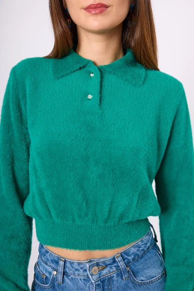 Peraluna Lucy Krop Kesim Polo Yaka Kadın Triko Bluz - Koyu Yeşil - Resim 3