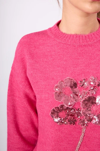 Peraluna Lorna Boncuk İşlemeli Kadın Triko Kazak - Fuşya - 5