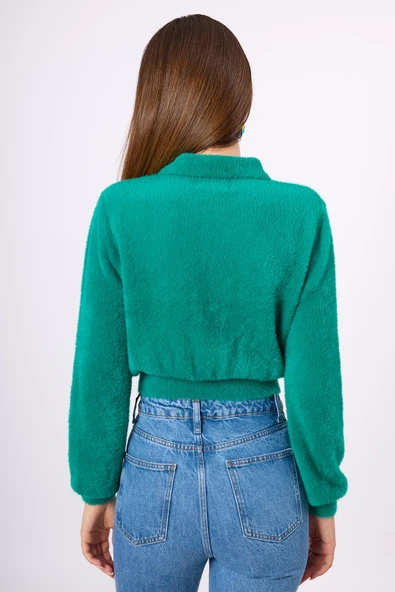 Peraluna Lucy Krop Kesim Polo Yaka Kadın Triko Bluz - Koyu Yeşil - Resim 7