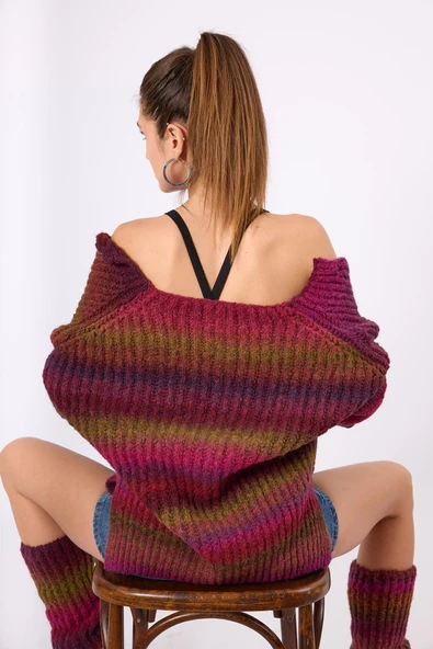 Peraluna Anabella Bol Kesim Kadın Triko Hırka - Bordo Melanj - Resim 10