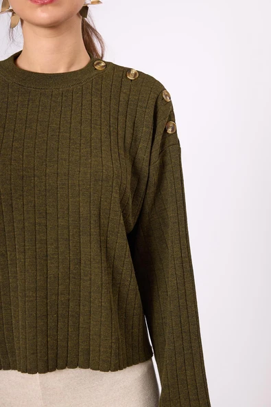 Peraluna Molly Omuzu Düğmeli Kadın Triko Kazak - Koyu Yeşil Melanj - 4