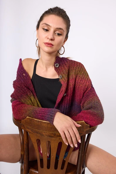 Peraluna Anabella Bol Kesim Kadın Triko Hırka - Bordo Melanj - Resim 8