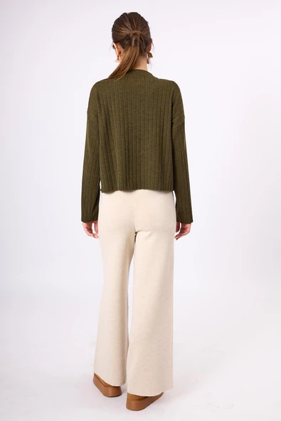 Peraluna Molly Omuzu Düğmeli Kadın Triko Kazak - Koyu Yeşil Melanj - 9